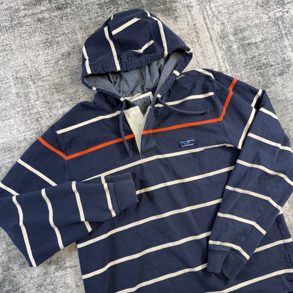 LL Bean Rugby Shirt Hoodie Mens Large Navy Blue Striped Lakewashed Coastal Beach